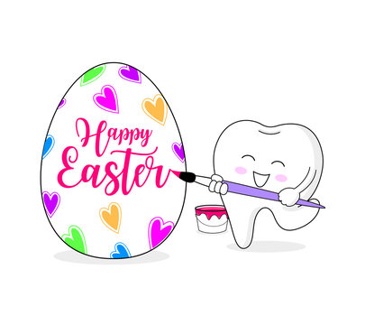 Cute cartoon tooth painting Easter eggs. Happy Easter day. Dental character design. Vector illustration isolated on white background.