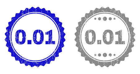 0.01 stamp seals with grunge texture in blue and gray colors isolated on white background. Vector rubber overlay of 0.01 tag inside round rosette. Stamp seals with grunge textures.