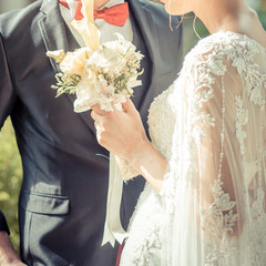 Happy bride and groom on their wedding. vintage tone color