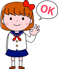 A bob cut female student in a sailor suit expressing emotion