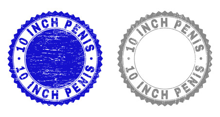 10 INCH PENIS stamp seals with distress texture in blue and gray colors isolated on white background. Vector rubber watermark of 10 INCH PENIS label inside round rosette.