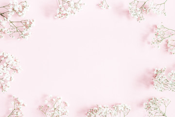 Flowers composition. Gypsophila flowers on pastel pink background. Flat lay, top view, copy space