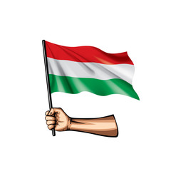 Hungary flag and hand on white background. Vector illustration
