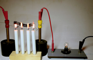 An electrical lamp is supplied with current trough a wound-up iron wire as a serial resistor. As the resistor is heated with candles, the resistance rises and the lamp fades remarkably