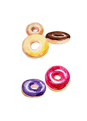Watercolor pattern donuts in multicolor glaze. Illustration isolated on white background