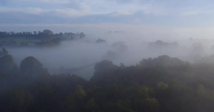Aerial shot of dense Autumnal woodland, with thick  fog shot at Dering woods, Kent, UK