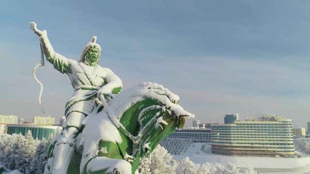 Monument to Salavat Yulaev in Ufa at winter aerial view, motion