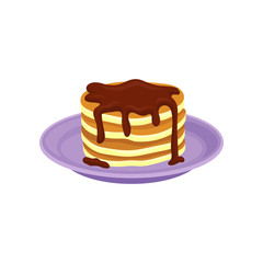 Stack of tasty pancakes topped with chocolate syrup. Delicious food for breakfast. Flat vector design