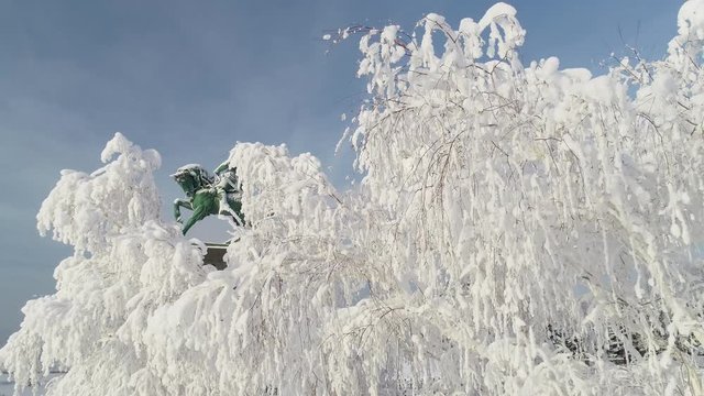 Monument to Salavat Yulaev in Ufa at winter aerial view, motion