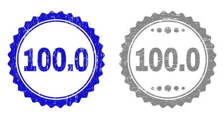 100.0 stamp seals with distress texture in blue and grey colors isolated on white background. Vector rubber overlay of 100.0 text inside round rosette. Stamp seals with grunge textures.