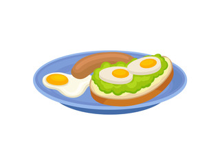 Tasty sandwich, fried egg and sausage on blue plate. Appetizing meal for breakfast. Food theme. Flat vector icon