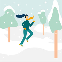 Cute woman in winter gear running outside in snow-covered park. Vector illustration. Girl running winter marathon. Healthy lifestyle.