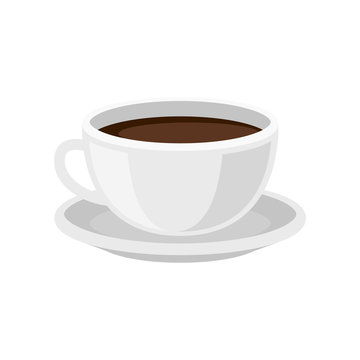Cup of fresh coffee on saucer. Tasty morning beverage. Hot drink. Flat vector design for cafe menu