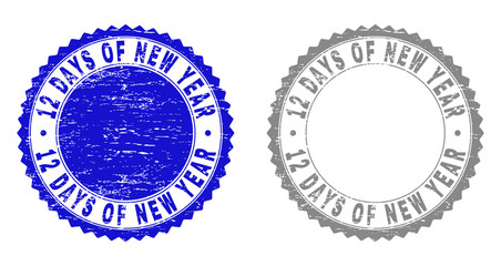 12 DAYS OF NEW YEAR stamp seals with grunge texture in blue and gray colors isolated on white background. Vector rubber watermark of 12 DAYS OF NEW YEAR label inside round rosette.