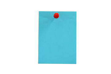 note paper blue with a red push pin on white background. clipping path.