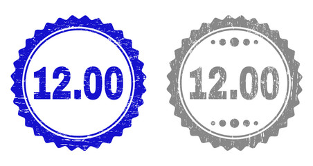 12.00 stamp seals with distress texture in blue and gray colors isolated on white background. Vector rubber imprint of 12.00 tag inside round rosette. Stamp seals with scratched textures.