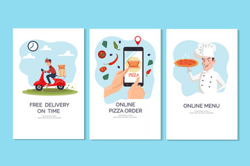 Order pizza online banner, mobile app templates, concept. Fast and free delivery service. Vector illustration, flat cartoon design