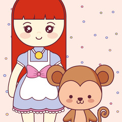 cute and little monkey with girl
