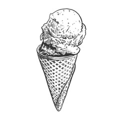 Hand drawn ice cream in cone sketch, pen and ink vintage etching illustration. Black and white engraving, isolated on white background.
