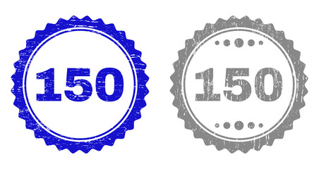 150 stamp seals with distress texture in blue and grey colors isolated on white background. Vector rubber watermark of 150 title inside round rosette. Stamp seals with grunge textures.