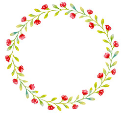  The frame of small light green leaves and small red flowers is perfect for decal plates or invitations, painted in watercolor