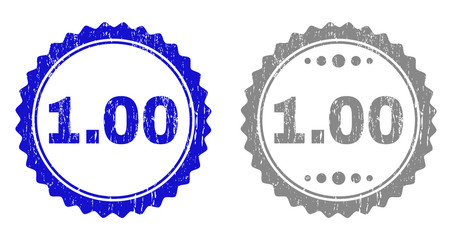 1.00 stamp seals with distress texture in blue and gray colors isolated on white background. Vector rubber watermark of 1.00 title inside round rosette. Stamp seals with dirty styles.