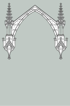 Medieval manuscript style rectangular frame. Gothic style pointed arch formed with flying buttresses. Vertical orientation. EPS10 vector illustration