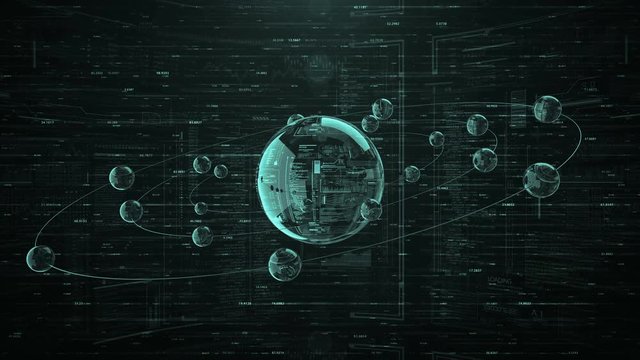HUD SciFi Intro.HUD spheres rotating around digital techno sphere.Futuristic Satellite. Cyberspace.Global planet connection.Artificial intelligence interface with infographic display.Green Type 2
