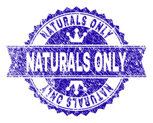 NATURALS ONLY rosette stamp seal watermark with grunge style. Designed with round rosette, ribbon and small crowns. Blue vector rubber watermark of NATURALS ONLY title with grunge style.