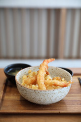 Tempura donburi , Fried shrimp tempura on rice japanese food on wooden table