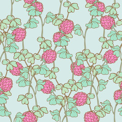 Flowers of trifolium repens or pink clover. St. Patrick's day festive seamless pattern. EPS 10 vector illustration