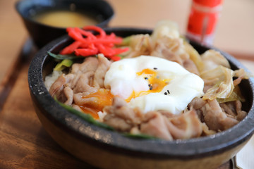 Japanese food Gyudon Japanese beef on rice bowl topped with egg on wooden table