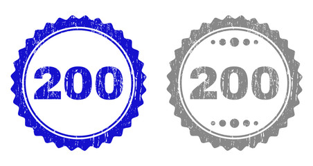 200 stamp seals with grunge texture in blue and gray colors isolated on white background. Vector rubber overlay of 200 tag inside round rosette. Stamp seals with grunge textures.