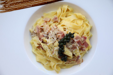 Pasta Carbonara with bacon and cheese , Italian food