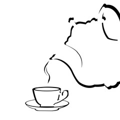 Illustration of stylized teapot pouring tea into tea cup