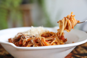 Spaghetti bolognese , Spaghetti with tomato sauce top with cheese , Italian Food