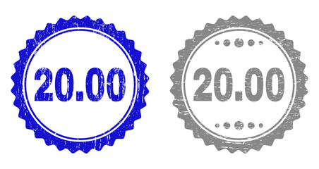 20.00 stamp seals with grunge texture in blue and gray colors isolated on white background. Vector rubber imprint of 20.00 text inside round rosette. Stamp seals with retro textures.