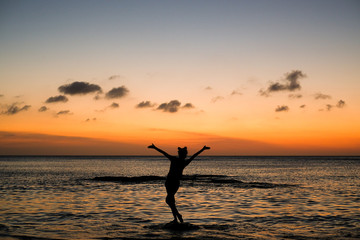Fototapeta premium A full body figure girl enjoying her her holiday on sunset at a beach.