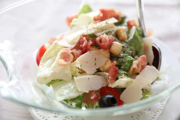 caesar salad with chicken crispy bacon and cheese healthy food