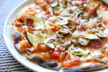 Pizza with bacon and mushroom , italian food