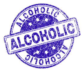 ALCOHOLIC stamp seal imprint with grunge texture. Designed with rounded rectangles and circles. Blue vector rubber print of ALCOHOLIC tag with corroded texture.
