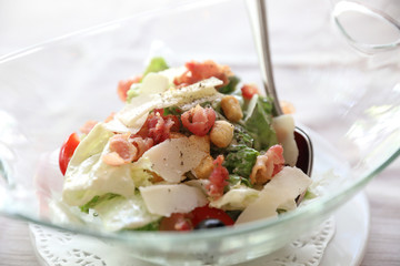 caesar salad with chicken crispy bacon and cheese healthy food