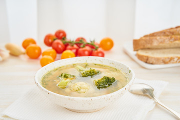 Broccoli  soup, healthy spring vegetable dietary vegetarian dish, top view, close up, side view