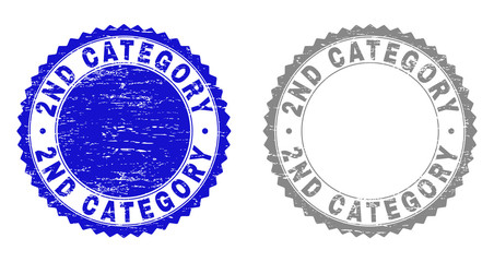 2ND CATEGORY stamp seals with distress texture in blue and gray colors isolated on white background. Vector rubber overlay of 2ND CATEGORY caption inside round rosette.