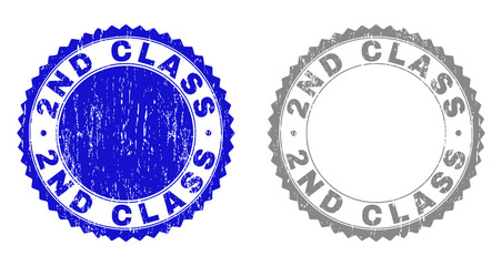 2ND CLASS stamp seals with distress texture in blue and grey colors isolated on white background. Vector rubber watermark of 2ND CLASS text inside round rosette. Stamp seals with unclean styles.