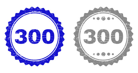 300 stamp seals with grunge texture in blue and grey colors isolated on white background. Vector rubber imprint of 300 tag inside round rosette. Stamp seals with retro styles.