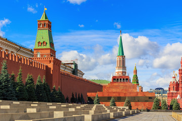 Lenin's Mausoleum on a background of stands at Red square and Moscow Kremlin in sunny day