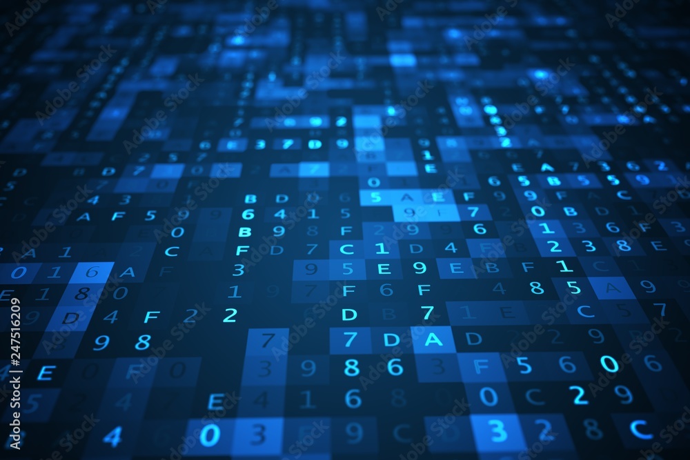 Aufkleber technology concept. hexadecimal code background. 3d rendered illustration.