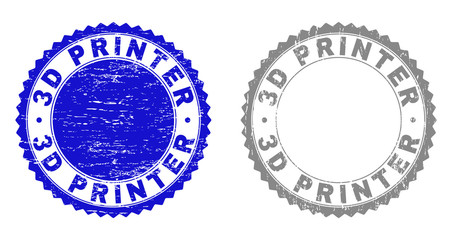 3D PRINTER stamp seals with grunge texture in blue and gray colors isolated on white background. Vector rubber imprint of 3D PRINTER label inside round rosette. Stamp seals with dust textures.