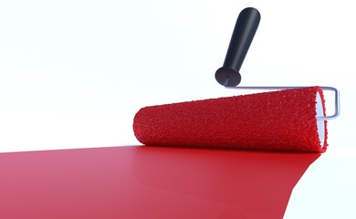 Paint roller with red color. Isolated on white background. 3D rendered illustration.